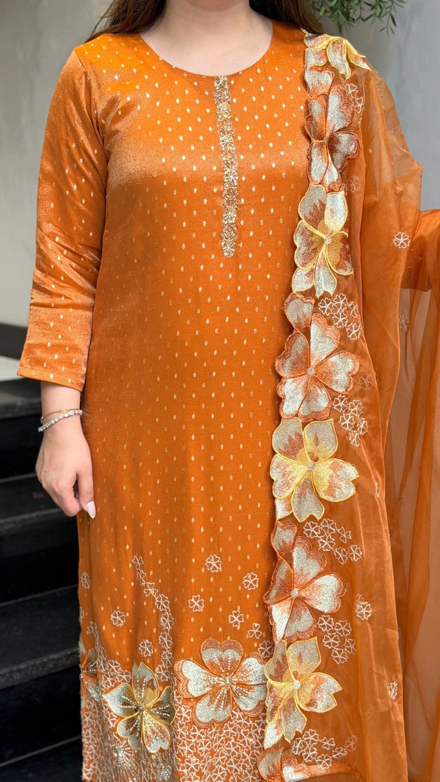 Embroidered Orange Suit Set with Floral Dupatta