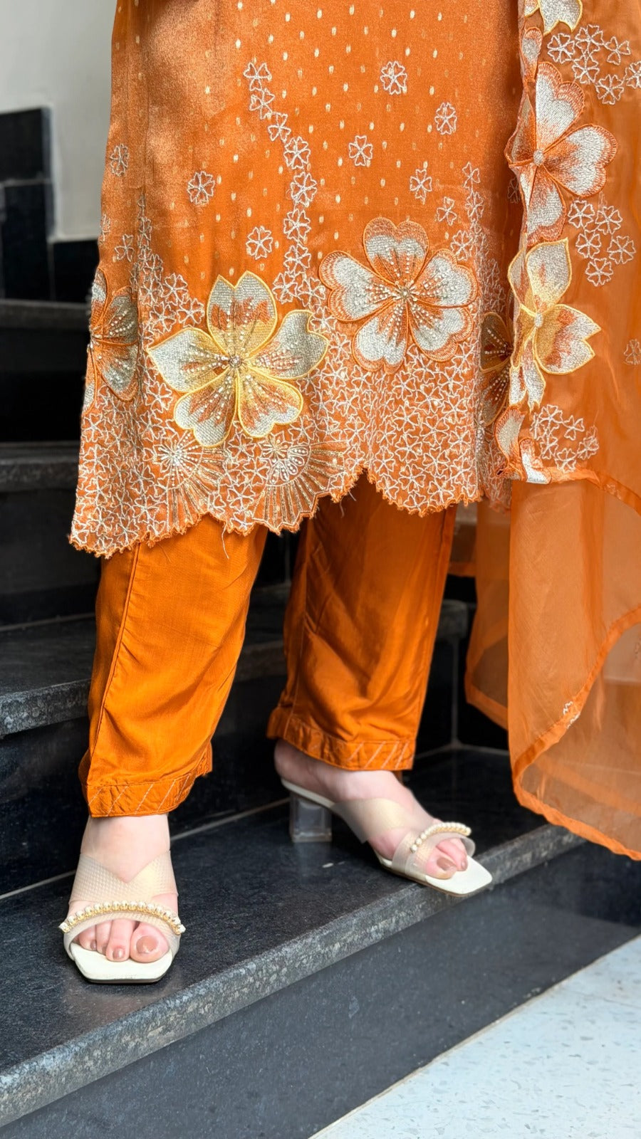 Embroidered Orange Suit Set with Floral Dupatta