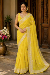 Sunshine Yellow Chiffon Silk Silver Zari Border Saree with Blouse