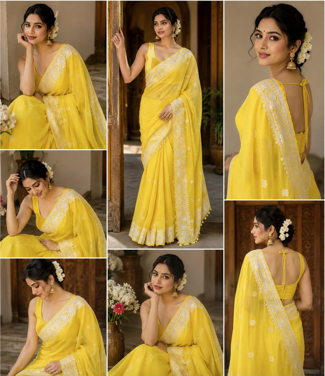 Sunshine Yellow Chiffon Silk Silver Zari Border Saree with Blouse