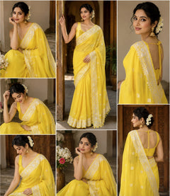 Sunshine Yellow Chiffon Silk Silver Zari Border Saree with Blouse