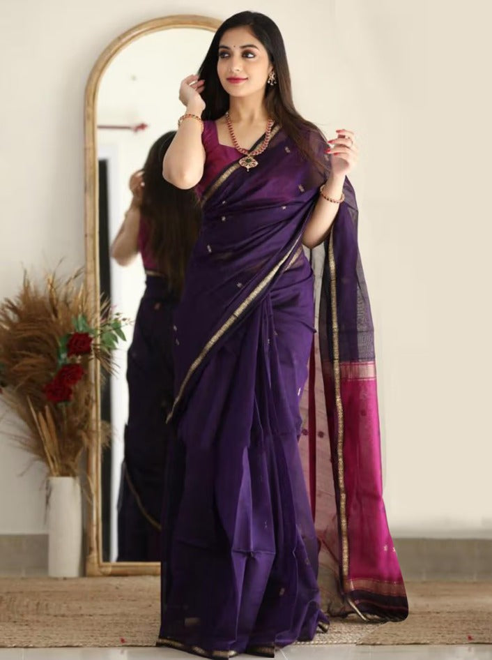 Women's Handloom-Inspired Silk Cotton Saree with Zari Border