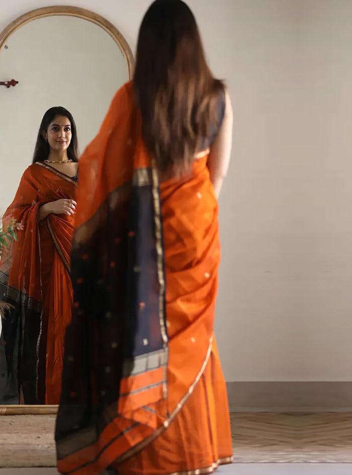 Women's Handloom-Inspired Silk Cotton Saree with Zari Border