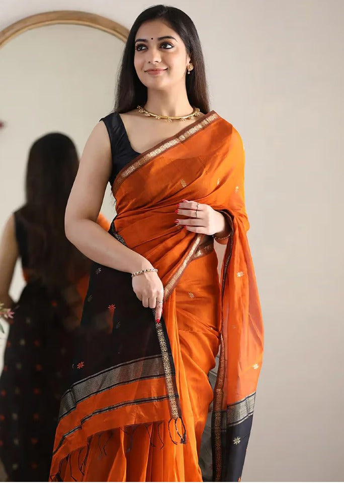 Women's Handloom-Inspired Silk Cotton Saree with Zari Border