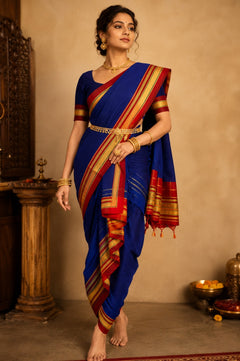 Traditional Maharashtrian 9-Yard Royal Blue Ilkal Nauvari Saree