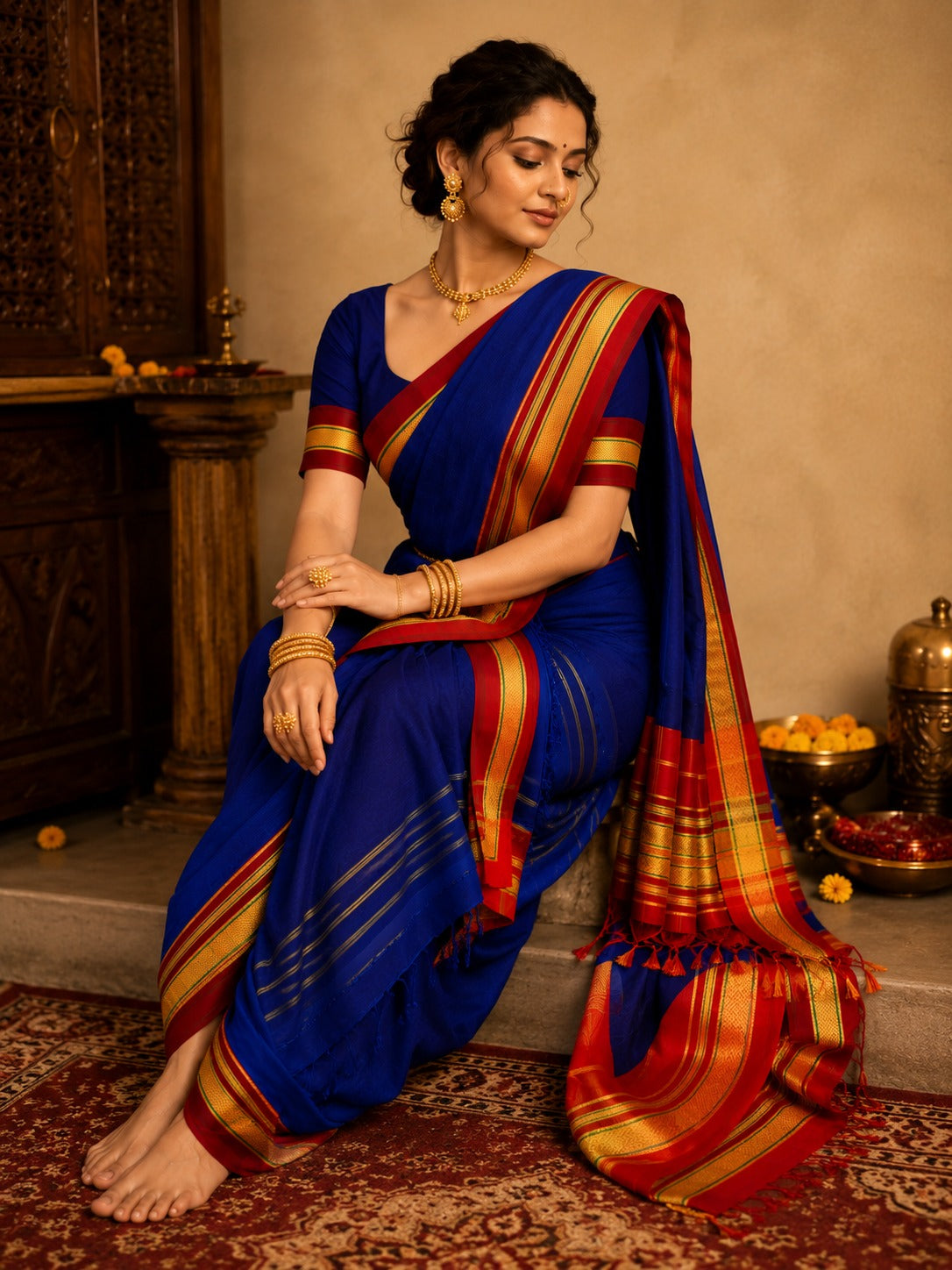Traditional Maharashtrian 9-Yard Royal Blue Ilkal Nauvari Saree