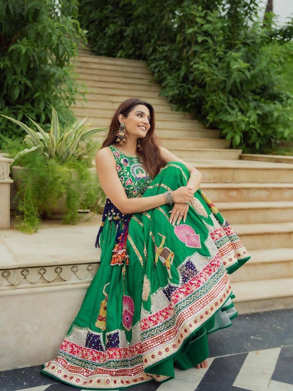 Green Heritage Lehenga Choli Set with Printed Dupatta