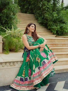 Green Heritage Lehenga Choli Set with Printed Dupatta