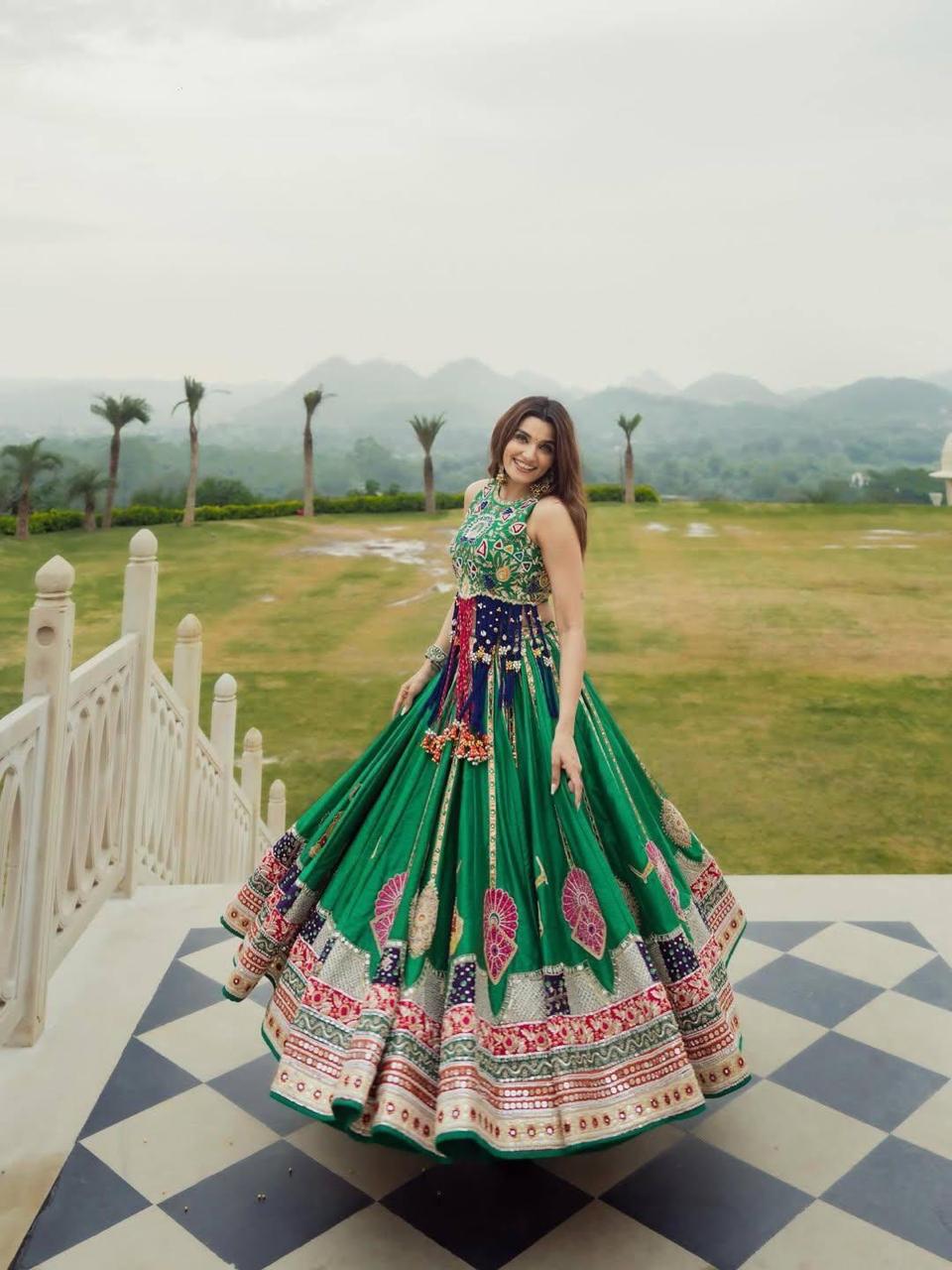 Green Heritage Lehenga Choli Set with Printed Dupatta