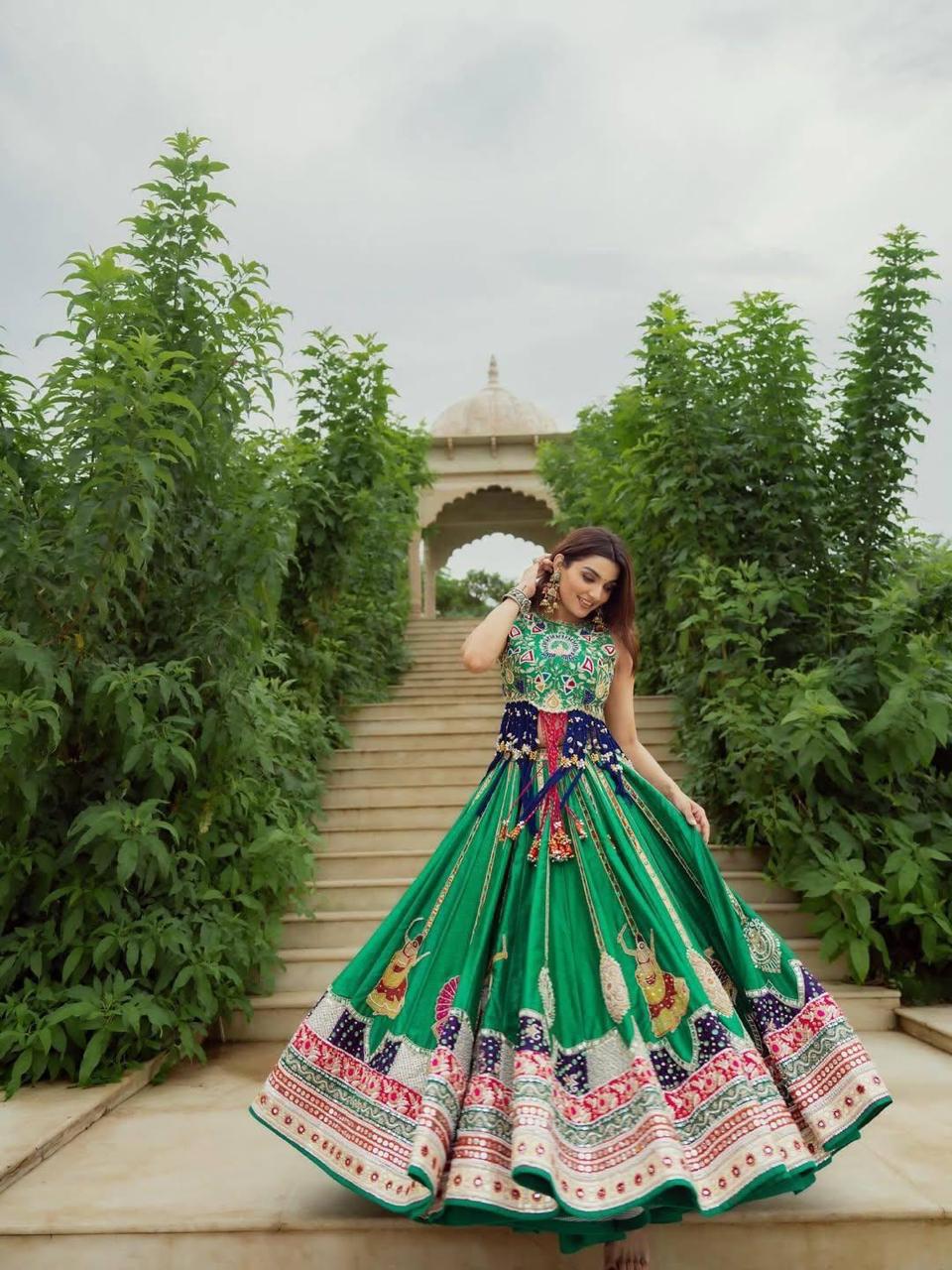 Green Heritage Lehenga Choli Set with Printed Dupatta