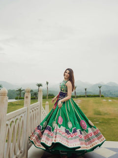 Green Heritage Lehenga Choli Set with Printed Dupatta