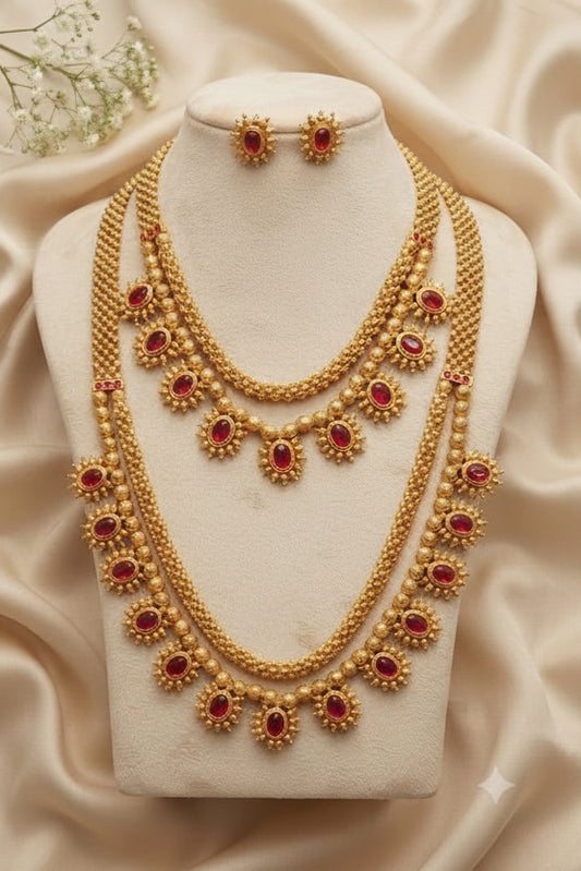 Multi-Layered Ruby Stone Traditional Maharashtrian Necklace Set with Matching Earrings