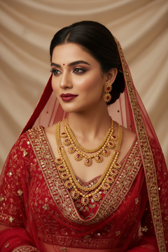 Multi-Layered Ruby Stone Traditional Maharashtrian Necklace Set with Matching Earrings