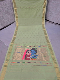 Mint Green Pure Cotton Paithani Saree with Traditional Radha Krishna Pallu & Golden Zari Border
