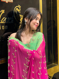Royal Purple Pure Chiffon Floral Handwork Saree