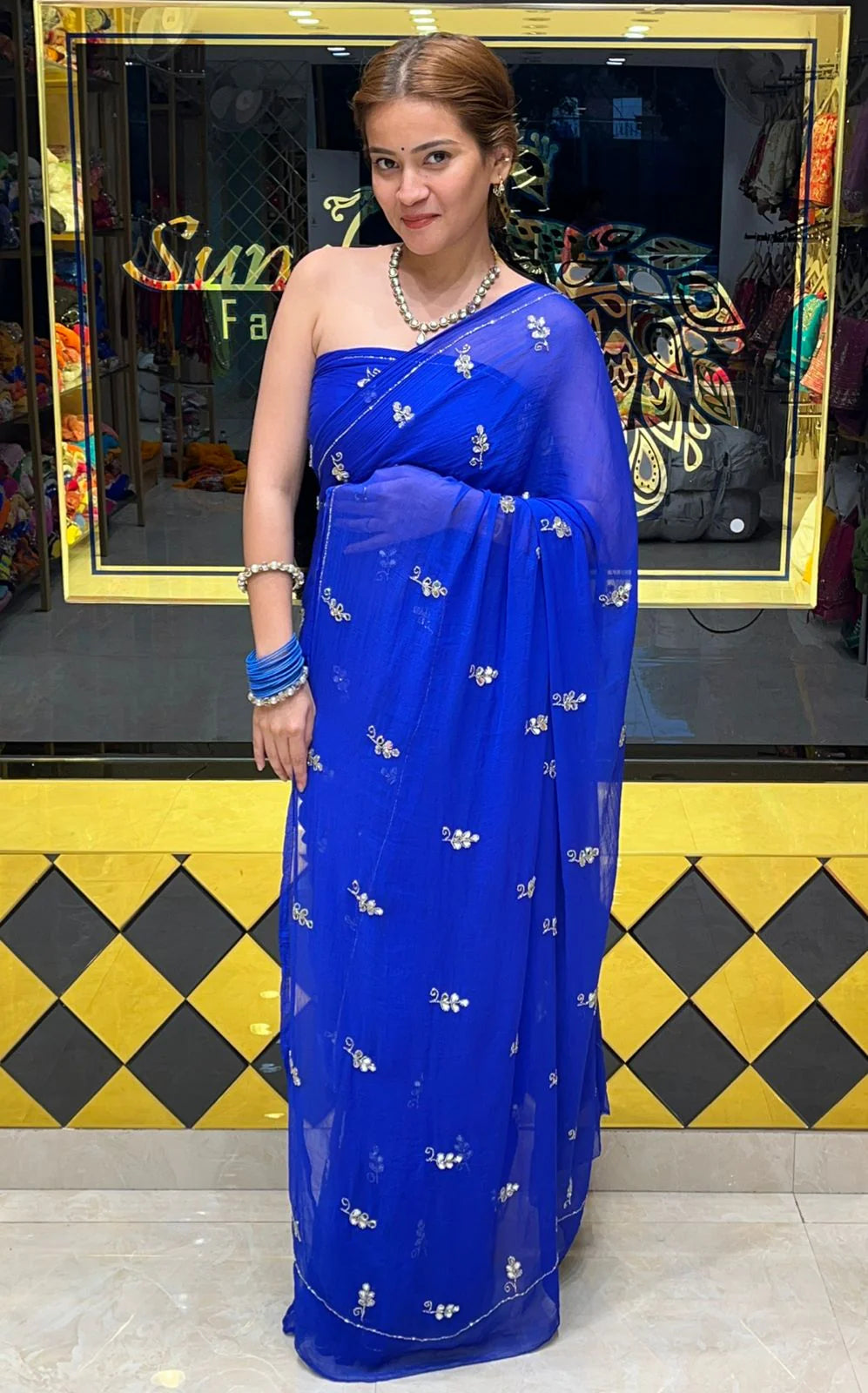 Royal Blue Pure Chiffon Mirror & Katdana Handcrafted Saree