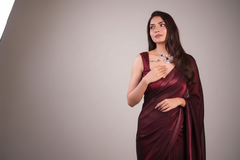 Maroon Metallic Satin Saree Bronze Sequins with Stitched Blouse