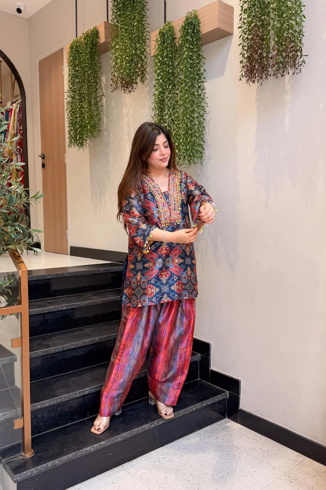 Printed Kurta with Striped Farshi Salwar