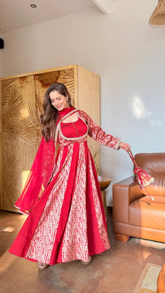 Mumtaz Red Embroidered Anarkali Dress with Dupatta