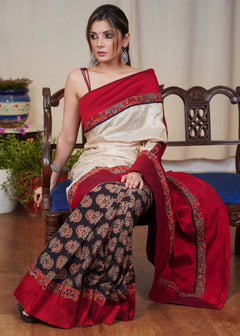 Beige Saree with Red Ajrakh Combination Border & Printed Black Pallu with Stiched Blouse