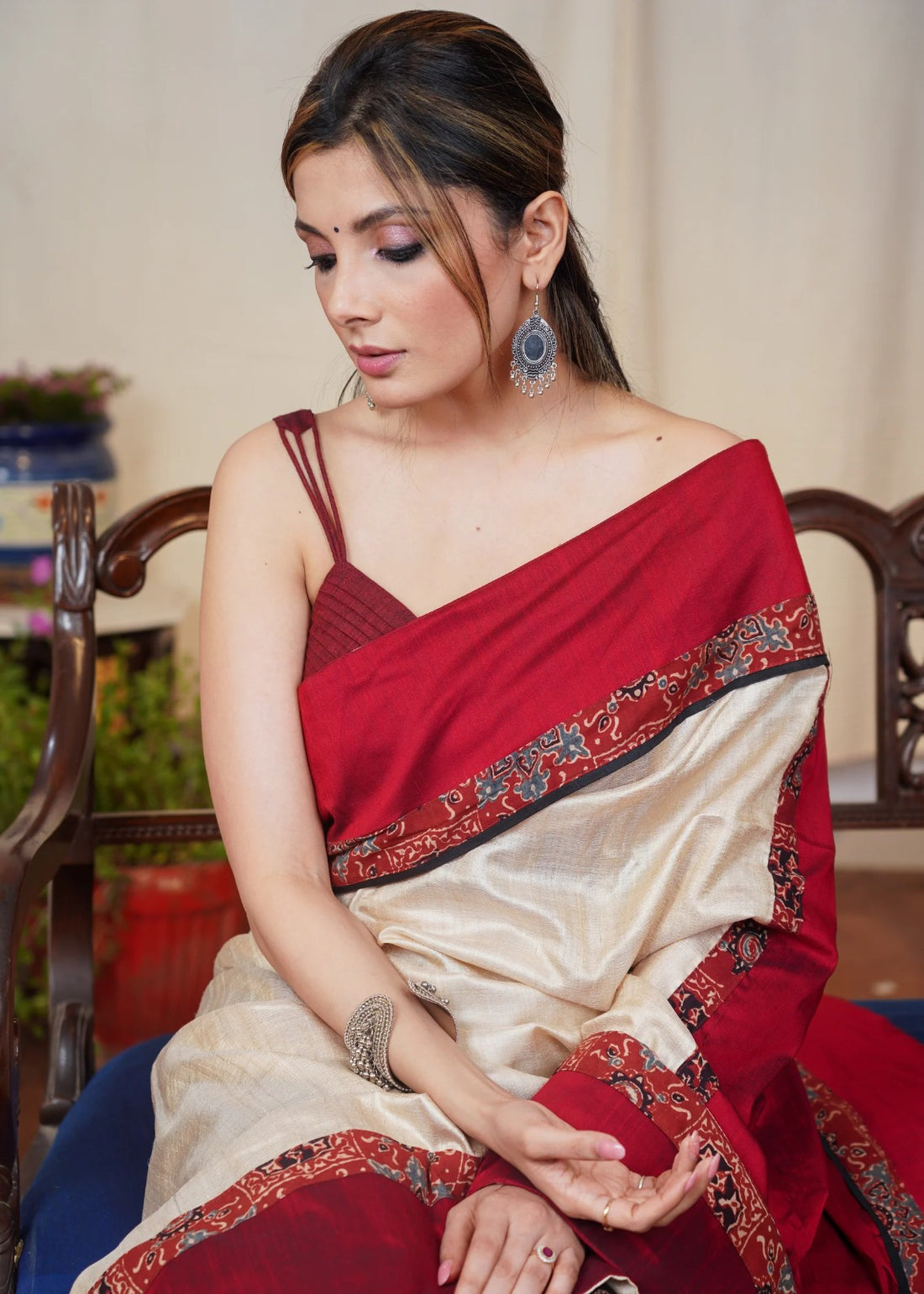 Beige Saree with Red Ajrakh Combination Border & Printed Black Pallu with Stiched Blouse