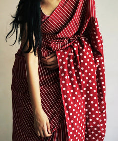 Crimson Dot & Stripe Cotton Saree