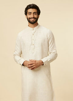 White Pure Silk Self Patterned Mens Kurta