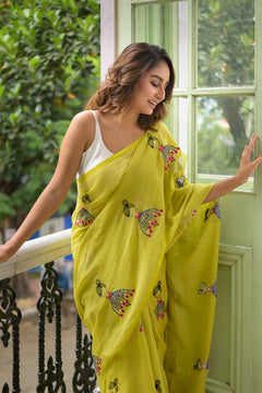 Green Embroidery Mulmul Cotton Saree