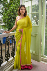 Lime zari mulmul cotton saree