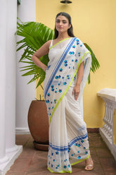 White Flower Mulmul Cotton Saree