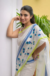 White Flower Mulmul Cotton Saree