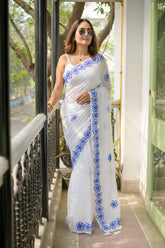 White Floral Motif Mulmul Cotton Saree