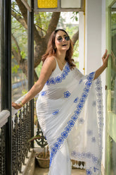 White Floral Motif Mulmul Cotton Saree