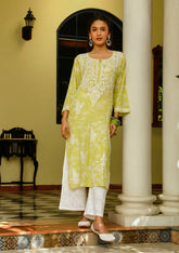 Green Chikankari Mulmul Printed Kurta