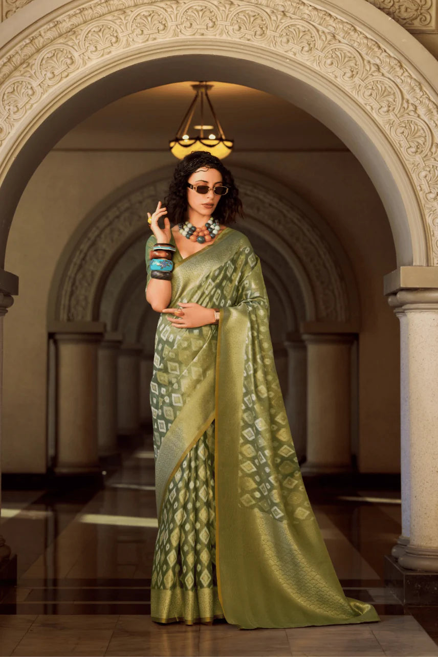 Zari Noor Block Tissue Silk Dark Green Saree