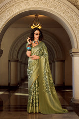Zari Noor Block Tissue Silk Dark Green Saree