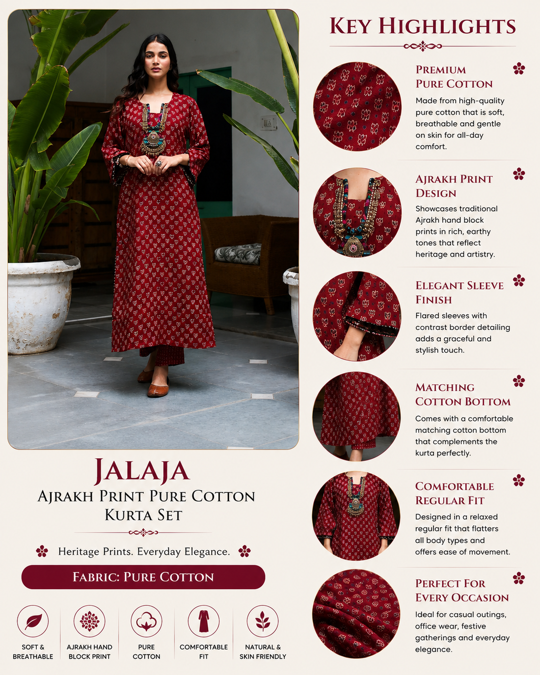Jalaja Ajrakh Print Pure Cotton Kurta Set