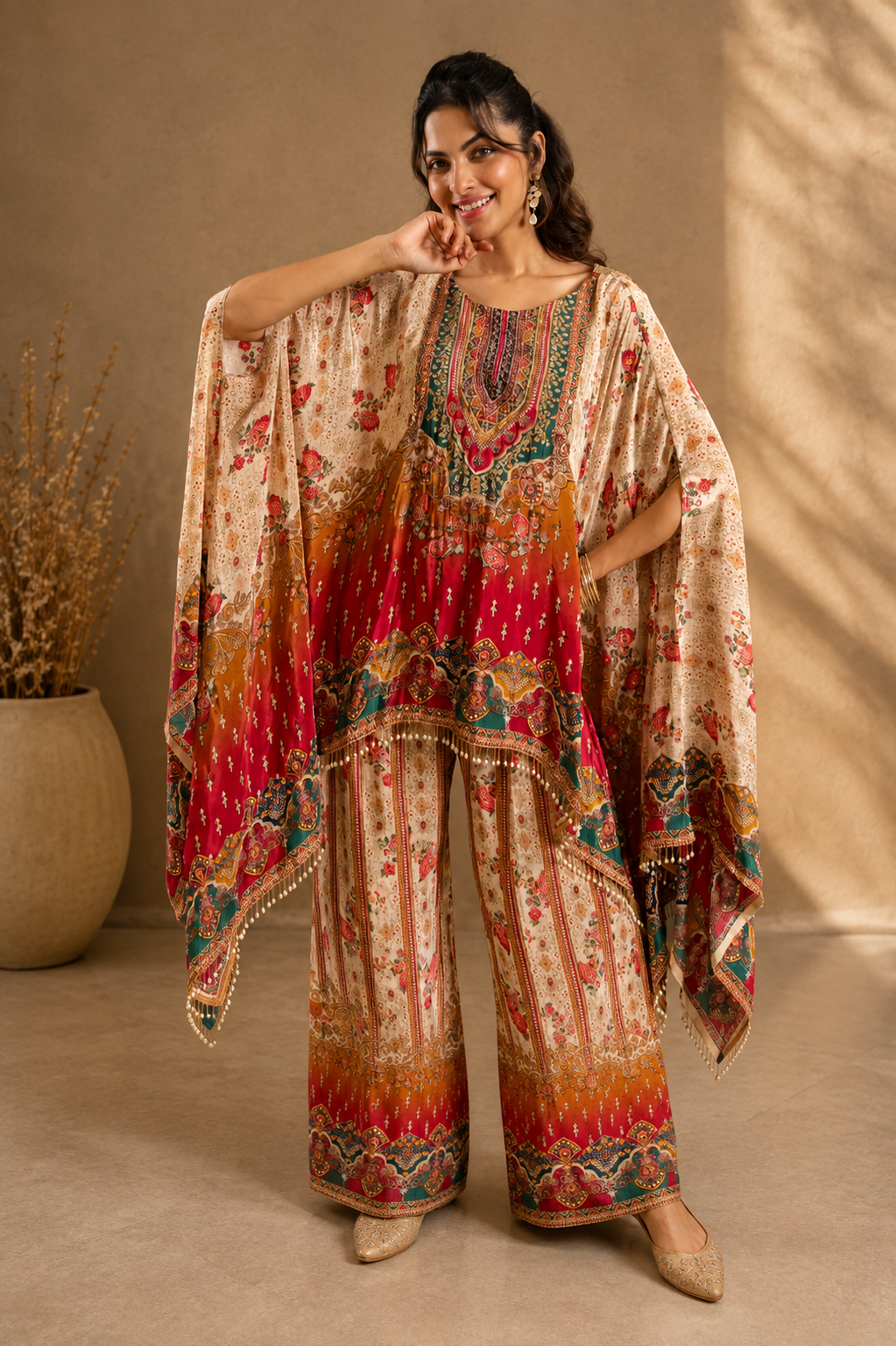 Jewel Print Crepe Kaftan Set