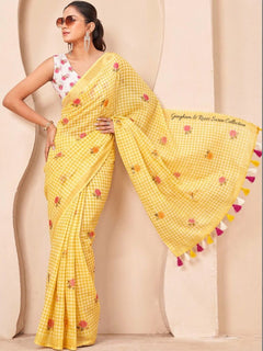 Silk Floral Checked Woven Design Border Saree