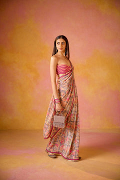 Grey Crepe Saree With Peach Embroidered Blouse