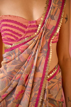 Grey Crepe Saree With Peach Embroidered Blouse