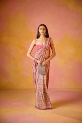 Grey Crepe Saree With Peach Embroidered Blouse