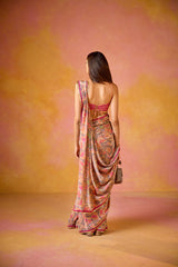Grey Crepe Saree With Peach Embroidered Blouse
