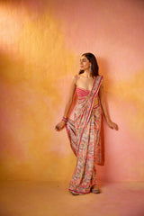 Grey Crepe Saree With Peach Embroidered Blouse