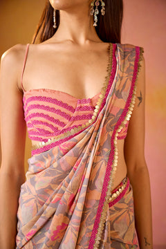 Grey Crepe Saree With Peach Embroidered Blouse