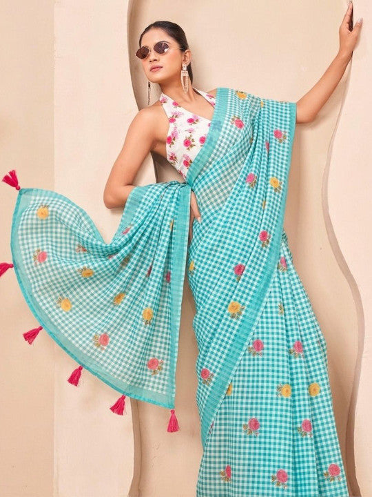 Silk Floral Checked Woven Design Border Saree