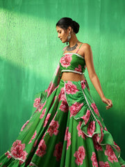 Green Carnation Organza Lehenga Set with Dupatta
