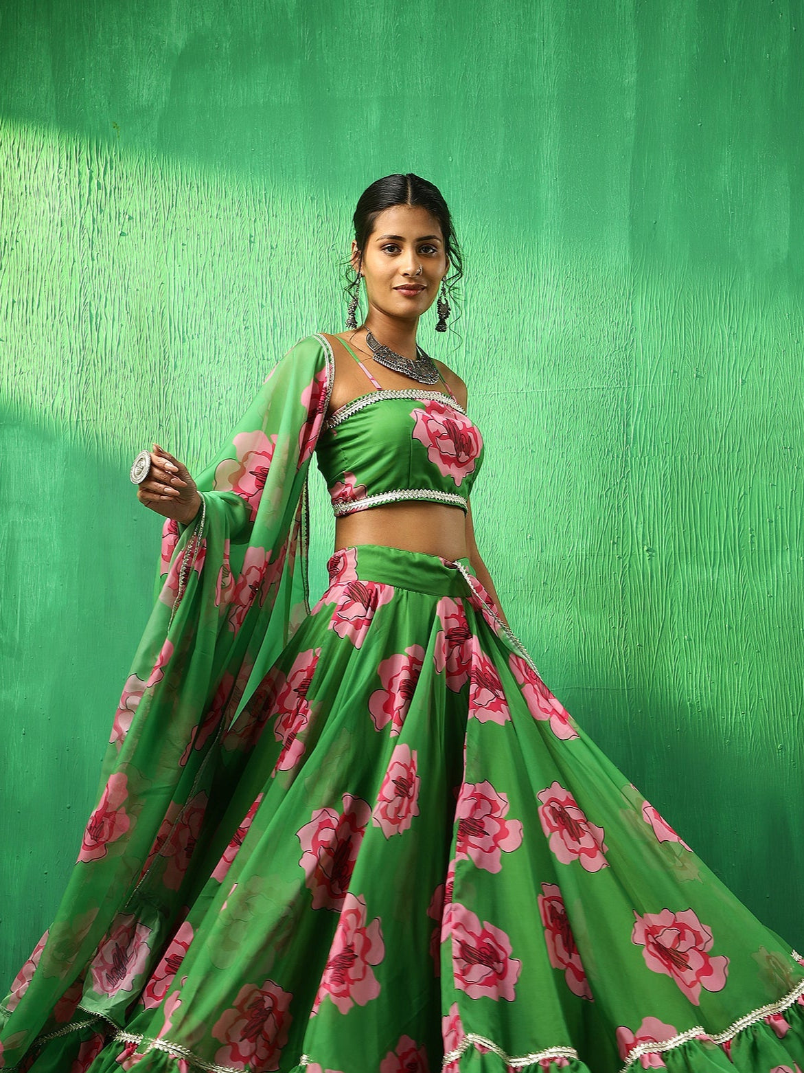 Green Carnation Organza Lehenga Set with Dupatta
