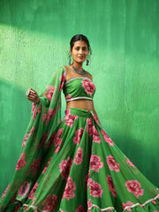 Green Carnation Organza Lehenga Set with Dupatta