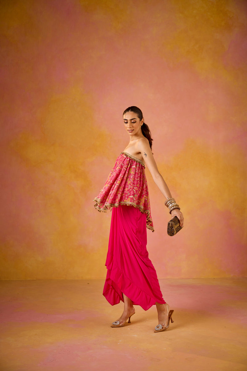 Off-shoulder Hot Pink Muslin Top Crepe Skirt Set